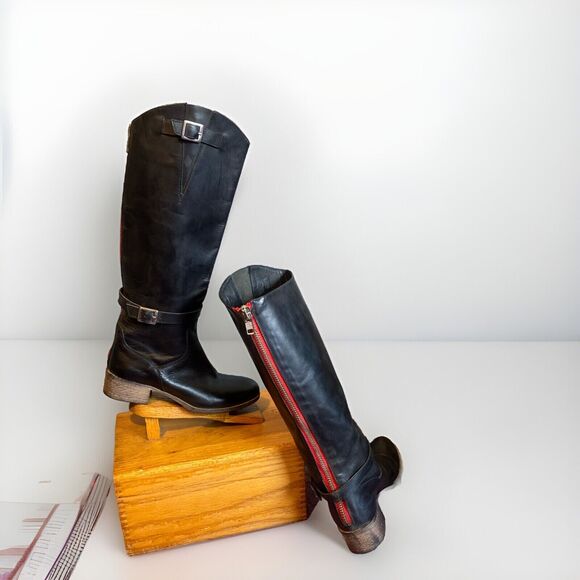 Y2K Italian Moto Boots Charles David Women Leather 5.5 Veto Cuoio Black Zip Back - Picture 1 of 7